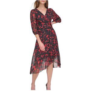 DKNY NWOT Black Red Fit & Flare Dress, Balloon Sleeve w/Side Knot Women's Size 8